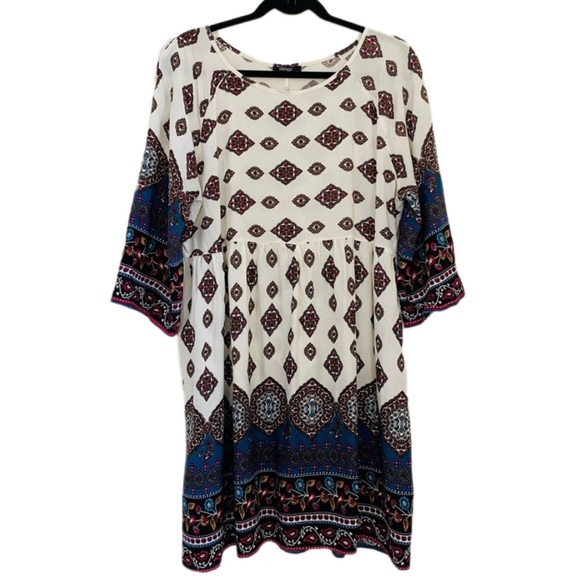 Boho Multicolored Floral Print Tunic Summer Dress 3/4 sleeves size Large - Picture 1 of 9